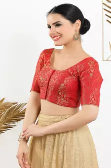 Jacquard Padded Front Open Elbow Sleeves Blouse