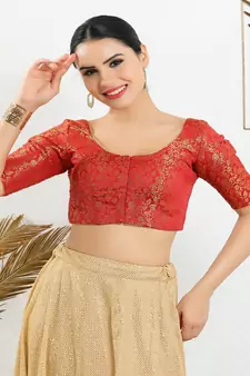 Jacquard Padded Front Open Elbow Sleeves Blouse