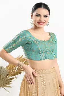 Jacquard Padded Front Open Elbow Sleeves Blouse