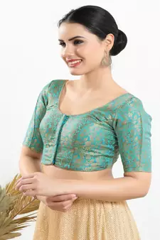 Jacquard Padded Front Open Elbow Sleeves Blouse