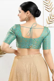 Jacquard Padded Front Open Elbow Sleeves Blouse