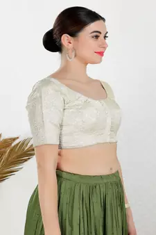 Jacquard Padded Front Open Elbow Sleeves Blouse