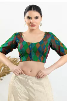 Jacquard Padded Front Open Elbow Sleeves Blouse