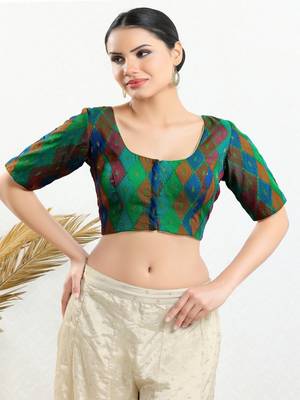 Jacquard Padded Front Open Elbow Sleeves Blouse 1