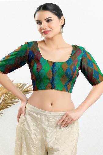 Jacquard Padded Front Open Elbow Sleeves Blouse