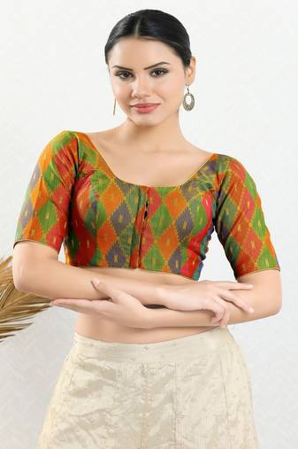 Jacquard Padded Front Open Elbow Sleeves Blouse