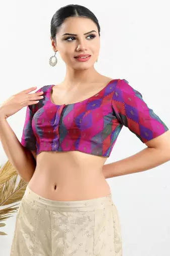 Jacquard Padded Front Open Elbow Sleeves Blouse