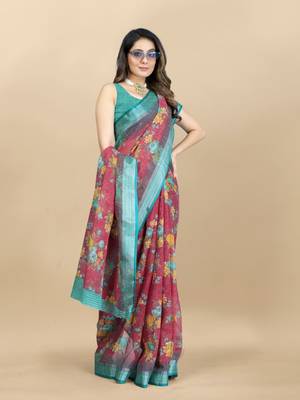 Linen flower Printed cotton with zari patta saree with Blouse 1