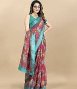 Korams Design Linen flower Printed cotton with zari patta saree with Blouse