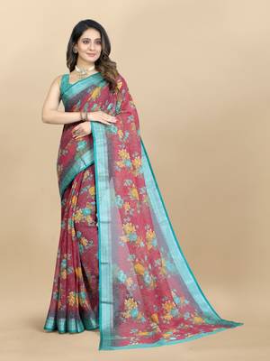 Linen flower Printed cotton with zari patta saree with Blouse 2