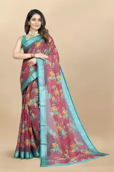 Linen flower Printed cotton with zari patta saree with Blouse
