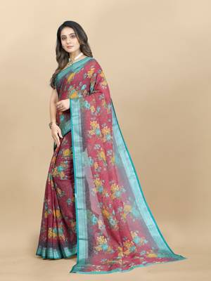 Linen flower Printed cotton with zari patta saree with Blouse 3