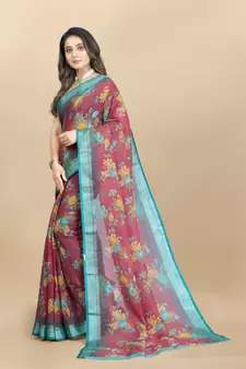Linen flower Printed cotton with zari patta saree with Blouse