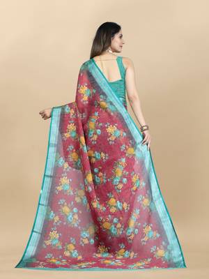 Linen flower Printed cotton with zari patta saree with Blouse 4