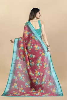 Linen flower Printed cotton with zari patta saree with Blouse