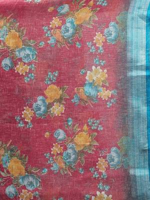 Linen flower Printed cotton with zari patta saree with Blouse 5
