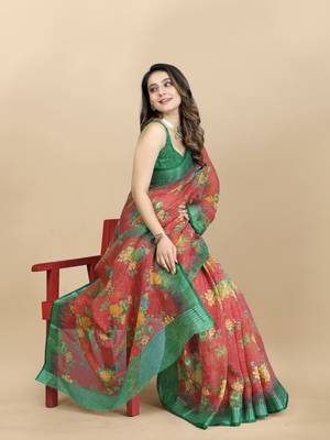 Green Linen flower Printed cotton with zari patta saree with Blouse 1