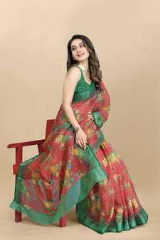 Korams Design Green Linen flower Printed cotton with zari patta saree with Blouse