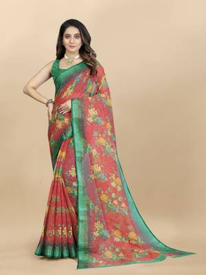 Green Linen flower Printed cotton with zari patta saree with Blouse 2