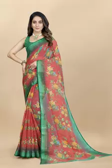 Green Linen flower Printed cotton with zari patta saree with Blouse