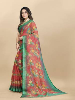 Green Linen flower Printed cotton with zari patta saree with Blouse 3