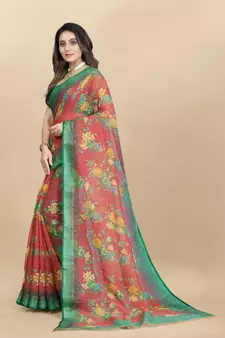 Green Linen flower Printed cotton with zari patta saree with Blouse