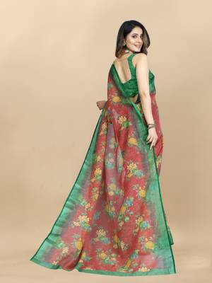 Green Linen flower Printed cotton with zari patta saree with Blouse 4
