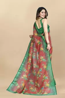 Green Linen flower Printed cotton with zari patta saree with Blouse