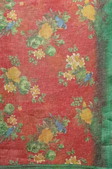 Green Linen flower Printed cotton with zari patta saree with Blouse