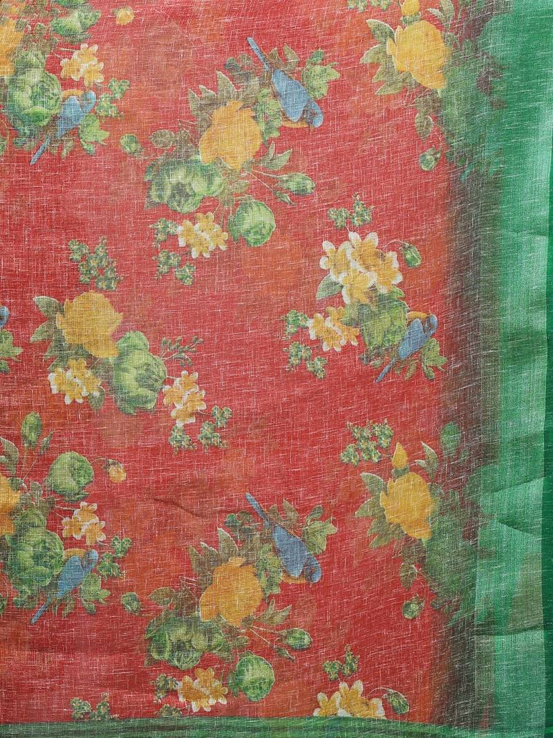 Korams Design Green Linen flower Printed cotton with zari patta saree with Blouse