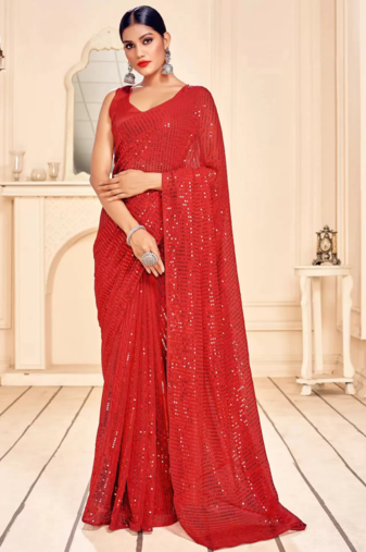 Red Georgette Sequenced Saree With Blouse Piece. 