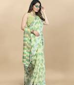 Korams Design Light Lime Linen flower Printed cotton with zari patta saree & Blouse for women