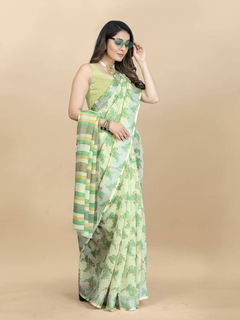 Korams Design Light Lime Linen flower Printed cotton with zari patta saree & Blouse for women