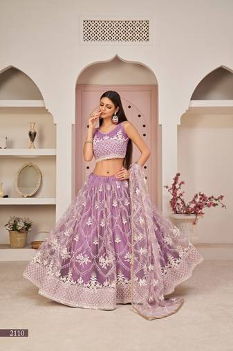 Lavender embroidered net semi stitched lehenga