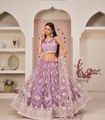 Lavender embroidered net semi stitched lehenga