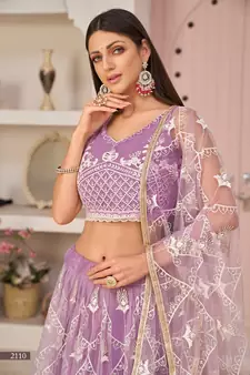 Lavender embroidered net semi stitched lehenga