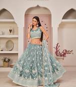 Light-blue embroidered net semi stitched lehenga