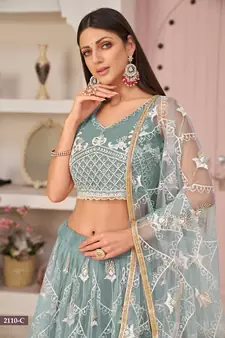 Light-blue embroidered net semi stitched lehenga