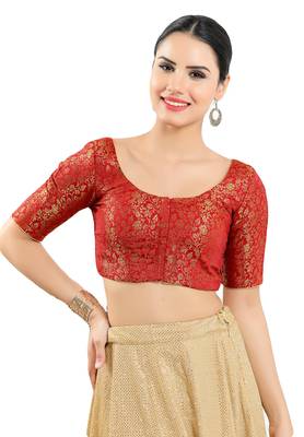 Salwar Studio Women's Red Jacquard Readymade Saree Blouse 1