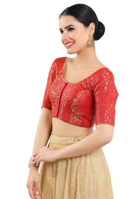 Salwar Studio Women's Red Jacquard Readymade Saree Blouse 4