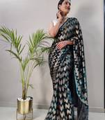 Dark green plain pre-stitched  lycra saree with UN-STITCHED BLOUSE
