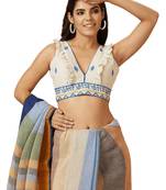 Salwar Studio Women's Off White & Blue Handloom Cotton Readymade Saree Blouse