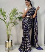 Royal Look Blue Colour Foil Print Ready To Wear Saree WITH UN-STITCHED BLOUSE
