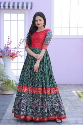 Green Dola Silk with Patola Designer Foil Print Work Gown 1