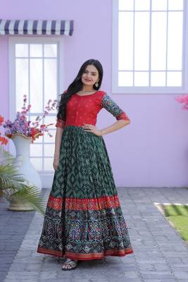 Green Dola Silk with Patola Designer Foil Print Work Gown 2