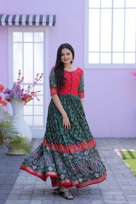Green Dola Silk with Patola Designer Foil Print Work Gown 3