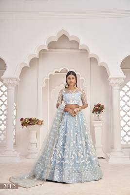 Light-blue embroidered net semi stitched lehenga 1