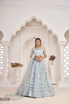 Light-blue embroidered net semi stitched lehenga