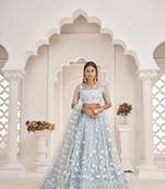 Light-blue embroidered net semi stitched lehenga