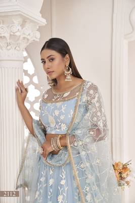 Light-blue embroidered net semi stitched lehenga 2